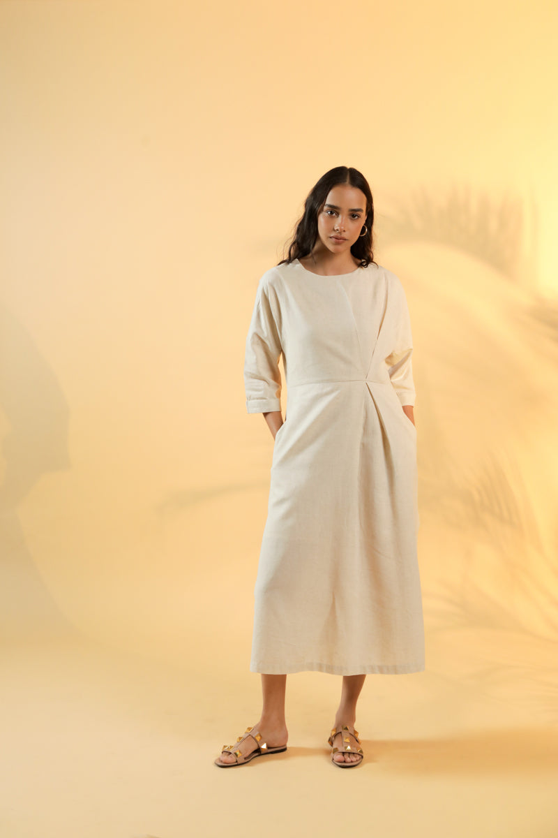 Ulfat Beige Cotton Linen Dress – Sukoon Online