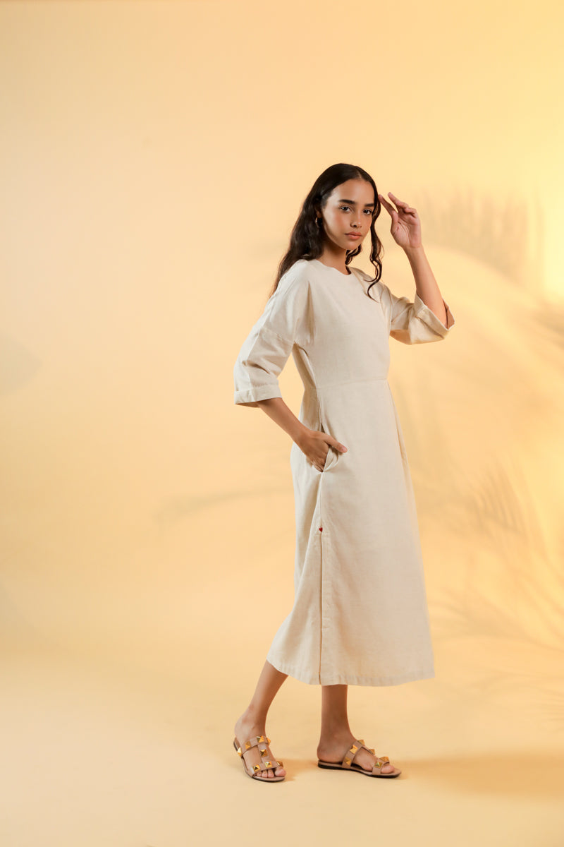 Ulfat Beige Cotton Linen Dress