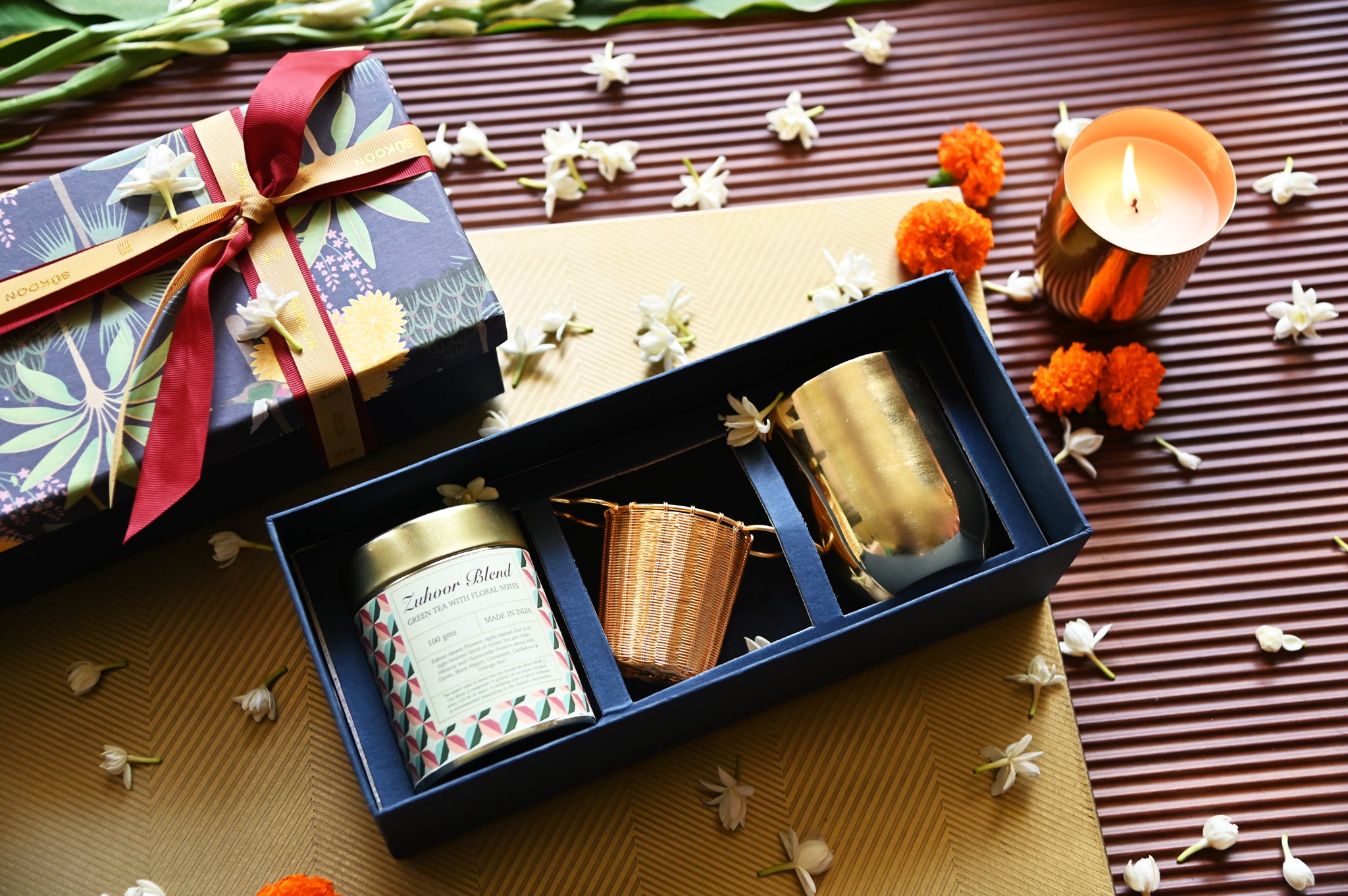 Alama Candle, Zuhoor Blend Tea and Brass Strainer