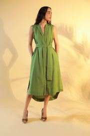 Ulfat Green Cotton Linen Sleeveless Dress