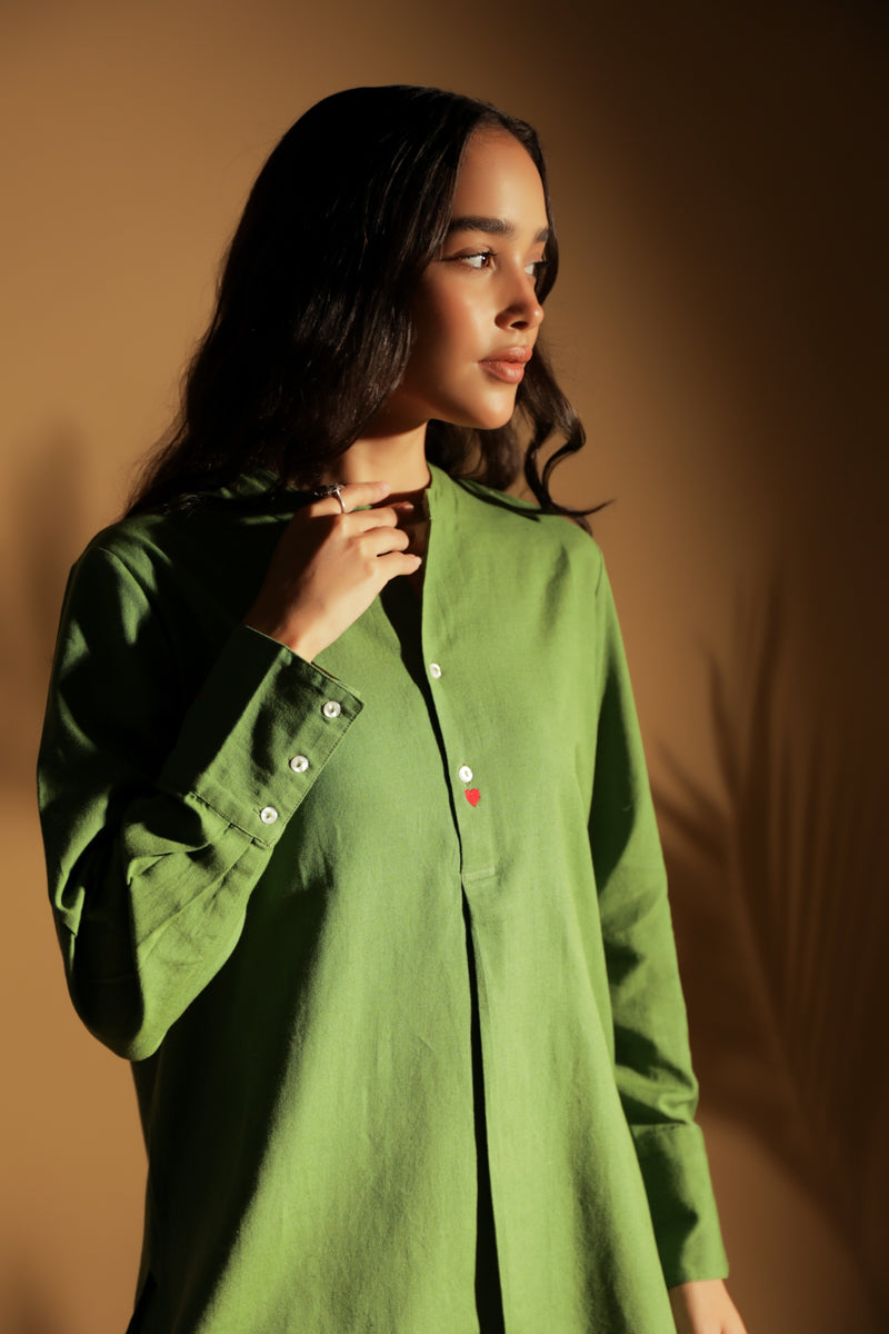 Ulfat Green Cotton Linen Kurta + Pants