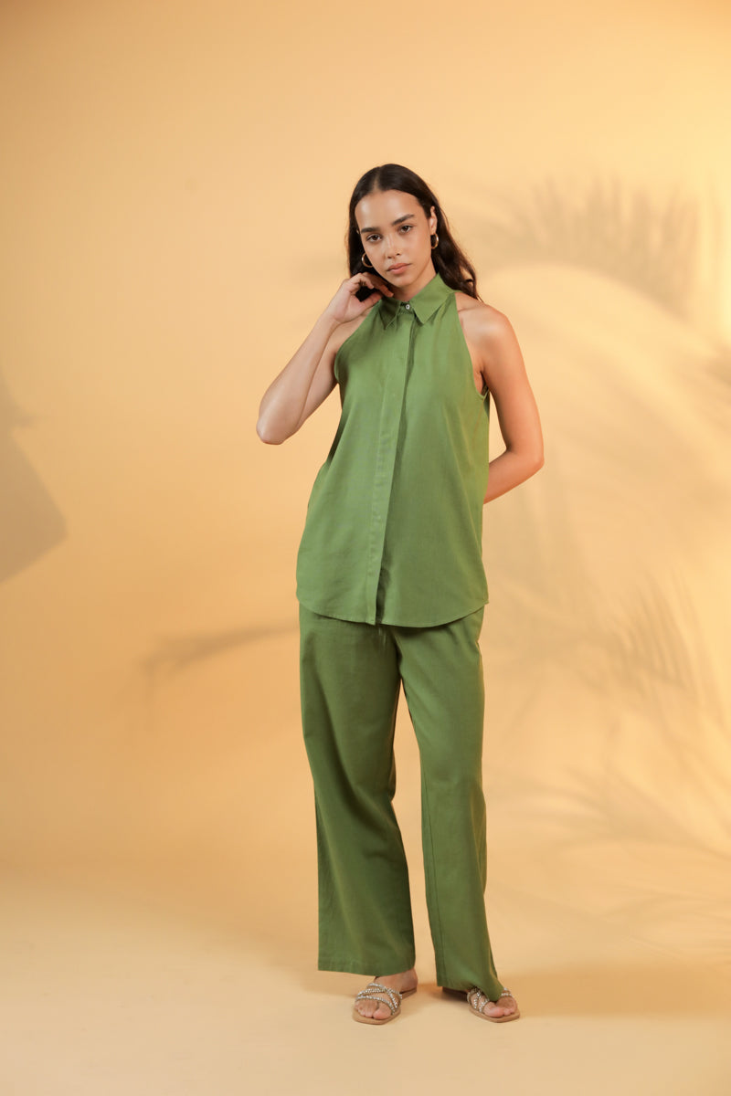 Ulfat Green Cotton Linen Sleeveless shirt