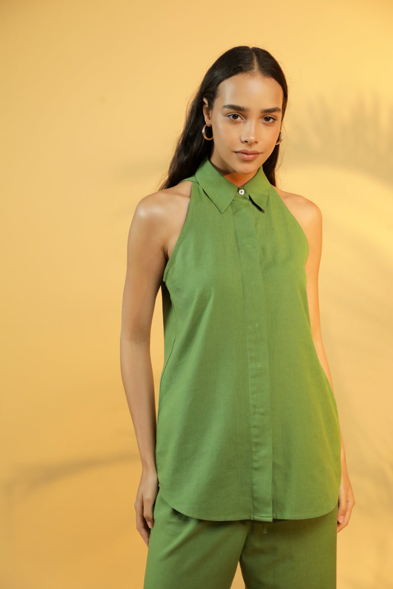 Ulfat Green Cotton Linen Sleeveless shirt